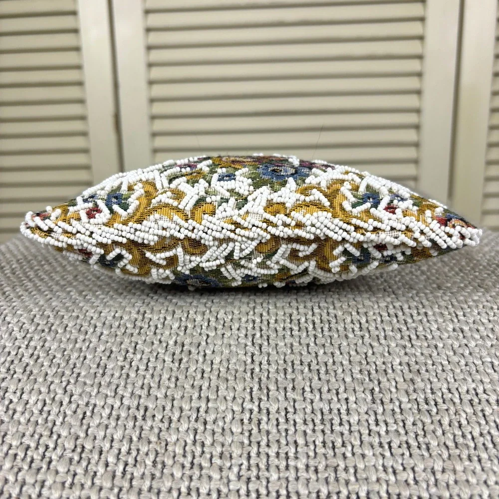 Vintage 1950s Ivory Tapestry Beaded Evening Bag Victorian Purse Hong Kong Made